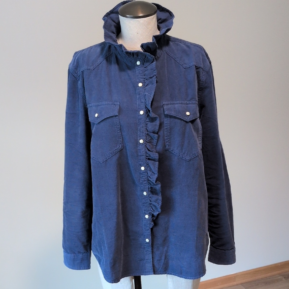 L Sundance Navy Corduroy Ruffled Utility Shirt Jacket